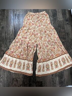NATURAL LIFE Cream Floral Wide-Leg Boho Pants with Rust & Tan Accents